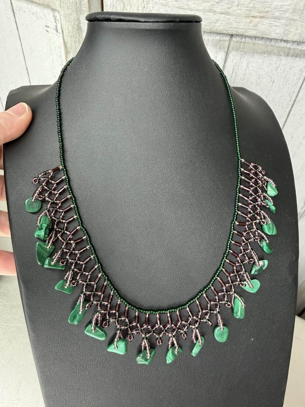 Netted Beaded Adjustable Choker Necklace w/ Drop Beads Brown Forest Green Black